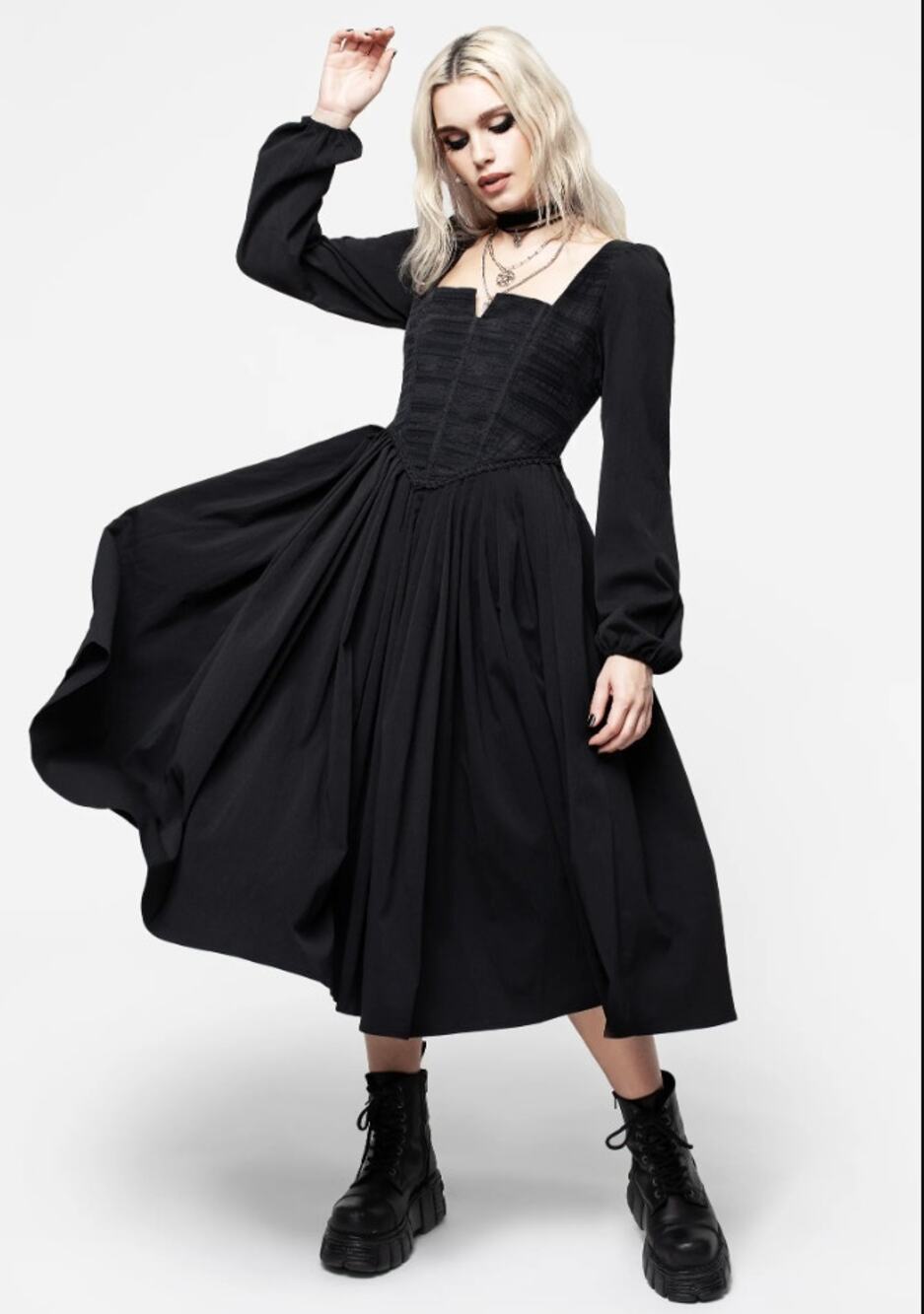 Disturbia Mina Black Corset Midi Dress Puff Sleeve Gothic Victorian Witchy US 6